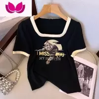 七斓大码女装方领正肩上衣2023年夏季胖mm设计感宽松显瘦遮肚短袖t恤