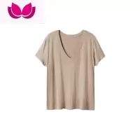 七斓明星赵露思同款卡其色v领短袖t恤女夏季宽松百搭纯色简约上衣