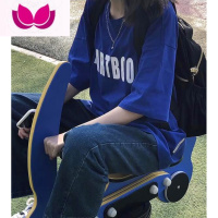 七斓克莱因蓝大码短袖t恤女2023夏季宽松oversize国潮字母上衣ins