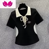 七斓大码短款短袖T恤女2023年胖妹妹MM夏装新款设计感polo领系带上衣