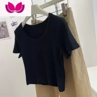 七斓复古bm风显瘦大U领T恤女!夏季显身材短款露脐修身小个子短袖粉色