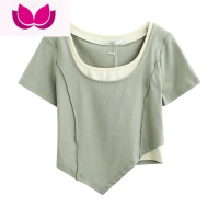 七斓拾野森 夏装新款bm风纯欲短款小众设计感假方领短袖T恤上衣女