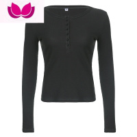 七斓KINGGIRL美式复古基础款灰色上衣圆领排扣修身显瘦百搭长袖T恤女