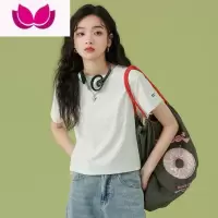 七斓短袖t恤女正肩宽松2023年新款高腰设计感小众甜美小个子短款上衣