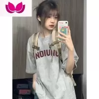 七斓复古正肩短袖t恤女夏季简约字母印花设计感小众宽松上衣ins潮