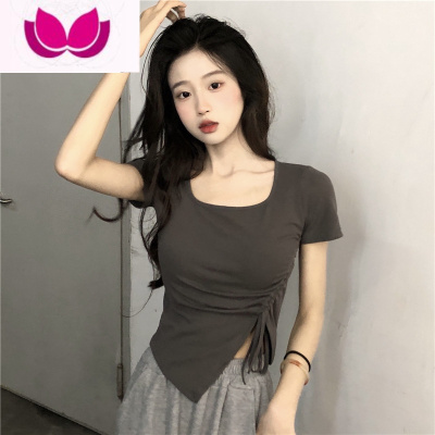七斓时尚辣妹短款T恤女夏季2023新款修身抽绳不规则设计感短袖上衣潮