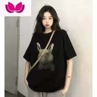 七斓短袖T恤女夏季2023新款复古扎染印花宽松BF风黑色圆领上衣ins