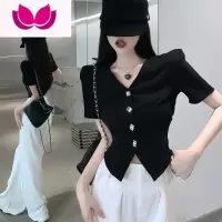 七斓黑色短袖t恤女2023年夏季修身设计感V领洋气欧货小衫垫肩上衣