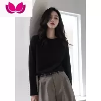 七斓黑色圆领长袖T恤女2023春季新款纯色百搭薄款打底衫上衣