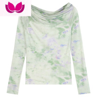 七斓甜辣妹扎染气质长袖T恤女装春季锁骨性感紧身修身显瘦上衣打底衫