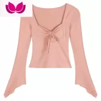 七斓粉色方领长袖T恤女春季甜辣妹打底紧身性感修身显瘦绑带内搭上衣