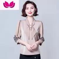 七斓妈妈装t恤女七分袖雪纺衬衫宽松洋气小衫时尚减龄蝴蝶结百搭上衣