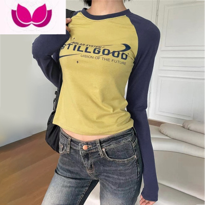 七斓美式复古风圆领字母印花撞色插肩长袖T恤女修身显瘦短上衣
