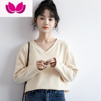 七斓2023春季新款杏色V领长袖T恤女宽松百搭学生体恤上衣秋打底衫