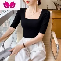 七斓黑色方领t恤女中袖新款锁骨法式打底衫显瘦复古五分袖上衣潮