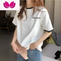 七斓2023新款显瘦短袖T恤女时尚百搭宽松拼色上衣韩版正肩打底衫