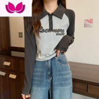 七斓大码美式复古polo领正肩t恤长袖女春季新款胖mm短款遮肚显瘦上衣