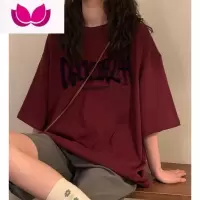 七斓美式复古红色T恤女款短袖2023夏季oversize港味chic半袖正肩上衣