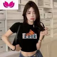 七斓黑色短款短袖t恤女修身甜辣妹性感印花露脐装上衣紧身夏季潮