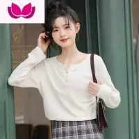 七斓2023早春新款宽松V领纽扣长袖女休闲纯色打底衫T恤体恤上衣