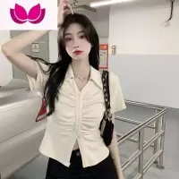 七斓大码领正肩短袖T恤女夏季设计感小众胖MM不规则收腰显瘦上衣