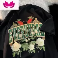 七斓国潮牌美式复古玫瑰印花短袖t恤男女加肥特大码胖mm宽松情侣半袖