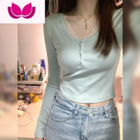 七斓温柔纯欲风正肩长袖t恤女2023新款内搭打底针织衫短款上衣