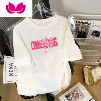 七斓粉色字母正肩短袖t恤女夏季新款宽松大码网红超火ins半袖上衣