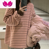 七斓粉色条纹少女长袖T恤chic宽松内搭2023春装新款打底衫胖mm女装潮