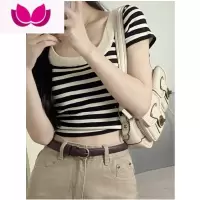 七斓条纹短袖正肩针织t恤女夏季设计感小众修身显瘦甜辣露脐短款上衣