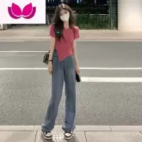 七斓设计感小众不规则法式掐腰短款上衣短袖正肩t恤女装夏季2023新款