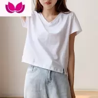 七斓网红白色短袖t恤女2023年夏季新款韩版宽松设计感开叉短款上衣潮