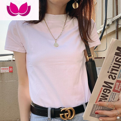 七斓半高领短袖白色t恤女修身紧身体恤2022春款上衣打底黑色
