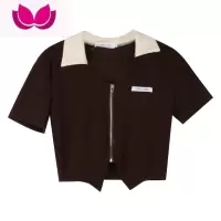 七斓甜辣妹小众拼接短款拉链上衣女夏季修身露脐短袖设计感针织T恤潮