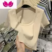 七斓纯色修身打底衫女内搭小众纯色短袖t恤ins夏纯欲正肩高腰短款上衣