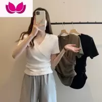 七斓大码微胖v领白色正肩短袖t恤女夏季胖mm遮肚显瘦甜辣针织上衣藏肉