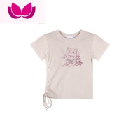 七斓别致正肩辣妹猫咪印花短袖T恤女夏季设计感小众修身短款抽绳上衣