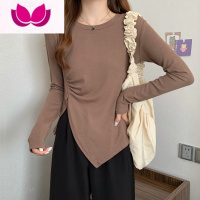 七斓大码女装遮肚子不规则开叉上衣春季胖妹妹圆领百搭长袖t恤打底衫