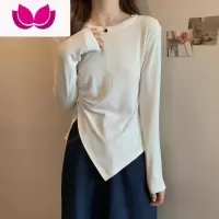七斓大码女装遮肚子不规则开叉上衣春季胖妹妹圆领百搭长袖t恤打底衫