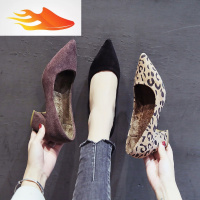 FISH BASKET高跟鞋女韩版冬季2019新款韩版尖头绒面加绒保暖单鞋粗跟豹纹女鞋