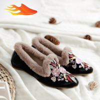 FISH BASKET秋冬加绒老北京布鞋内增高民族风女鞋复古绣花鞋尖头保暖旗袍棉鞋休闲鞋