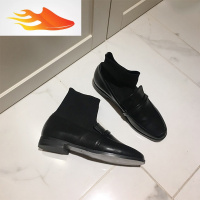 FISH BASKET2019新款女鞋冬季平底韩版袜子鞋chic韩风鞋子带袜鞋黑色小皮鞋女休闲鞋