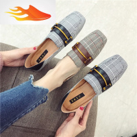 FISH BASKET2019秋冬新款英伦风格子布韩版百搭两穿平底豆豆鞋单鞋女淑女鞋子