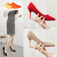 FISH BASKET秋冬季加绒高跟鞋女裸色2019新款小清新温柔仙女鞋气质宴会伴娘鞋