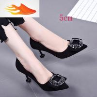 FISH BASKET5cm猫跟单鞋女2019秋季新款韩版黑色鞋细跟高跟鞋女水钻中跟女鞋