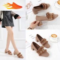 FISH BASKET秋季女鞋子2019新款红单鞋粗跟冬季仙女毛毛鞋中跟小码31 32 33