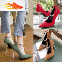 FISH BASKET秋冬新款绒面尖头红色高跟婚鞋珍珠一字扣带单鞋性感细跟浅口女鞋