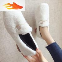 FISH BASKET红毛毛鞋女冬外穿2019方根粗跟仙女鞋加绒懒人单鞋低帮豆豆鞋