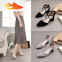 FISH BASKET单鞋女2019春新款女鞋红百搭晚晚仙女中跟尖头绑带高跟鞋女粗跟