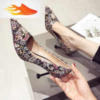 FISH BASKET尖头高跟鞋复古单鞋细跟性感名媛女鞋印花布水钻珍珠铆钉欧美新款